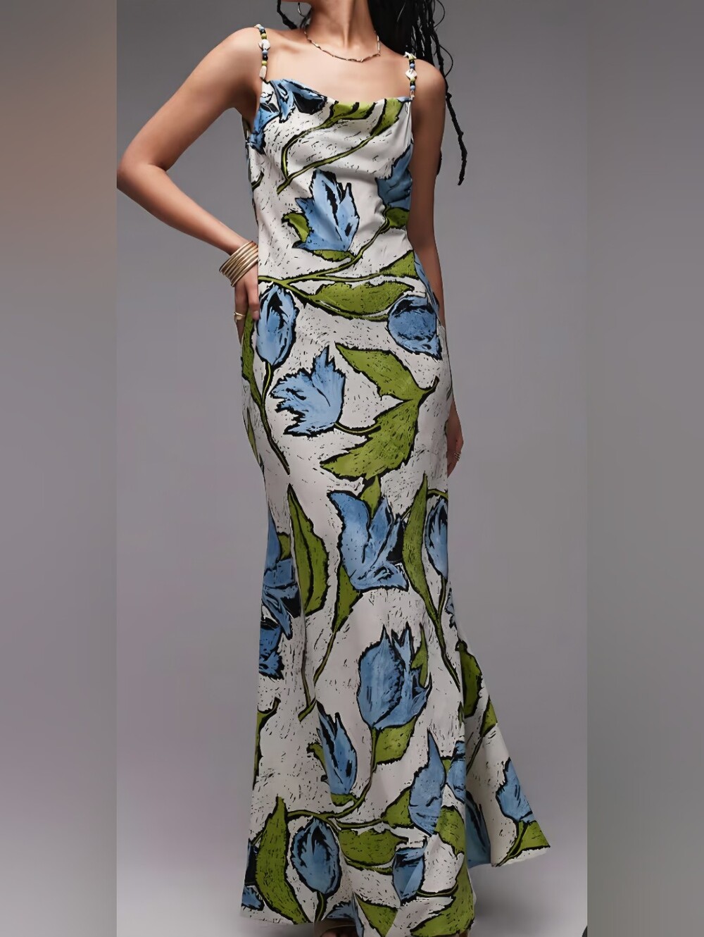 Topshop White Maxi Dress with Blue Floral & Green Leaves. EUR 44, US 12